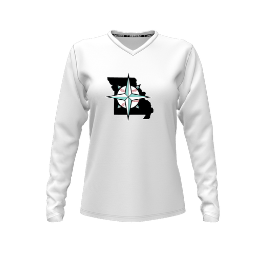 [CUS-DFW-TEES-PER-VNK-LSL-WHT-FYXS-LOGO3] Performance T-Shirt (Female Youth XS, White, V Neck, Logo 3, Long Sleeve)