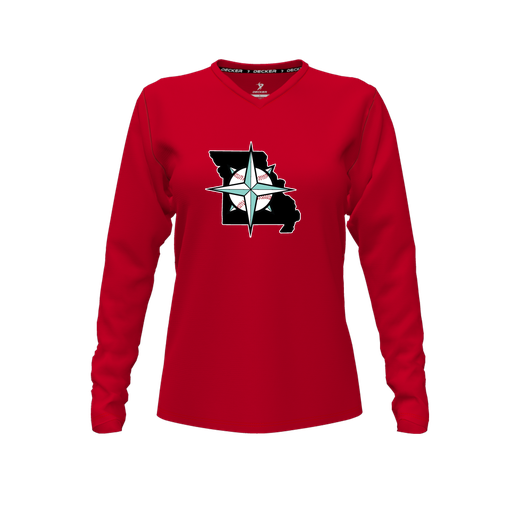 [CUS-DFW-TEES-PER-VNK-LSL-RED-FYXS-LOGO3] Performance T-Shirt (Female Youth XS, Red, V Neck, Logo 3, Long Sleeve)