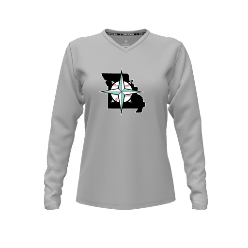 [CUS-DFW-TEES-PER-VNK-LSL-GRY-FYXS-LOGO3] Performance T-Shirt (Female Youth XS, Gray, V Neck, Logo 3, Long Sleeve)